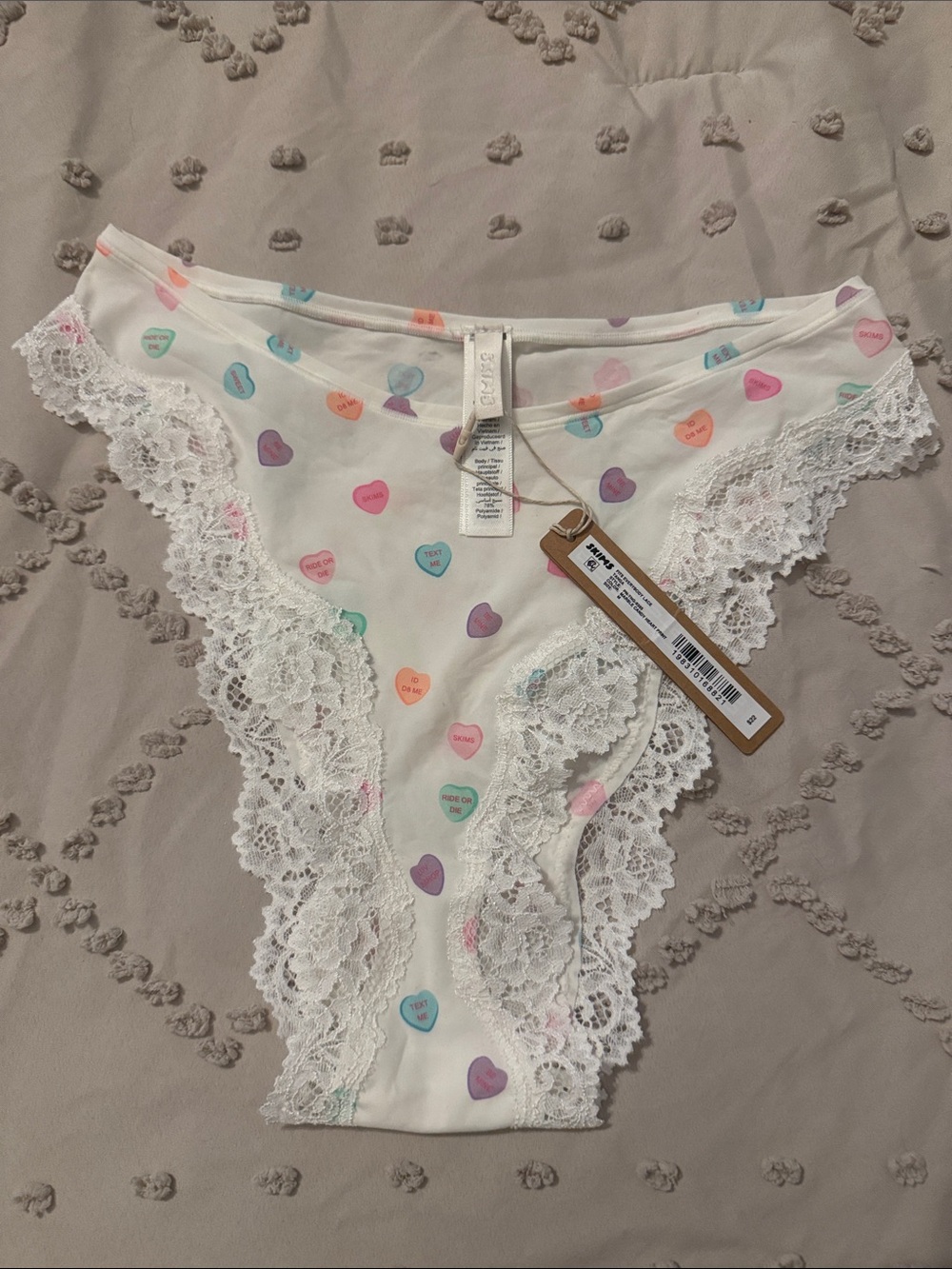 SKIMS White Lace-Trim Bikini Panty with Pastel Conversation Hearts
